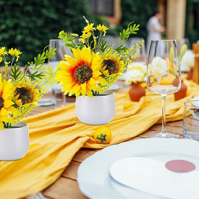 Zeyune 4 Pcs Sunflower Potted Plants Rustic Summer Spring Kitchen Wedding Table Centerpieces Silk Yellow Fake Flower with Plastic Pot for Home Bathroom Office (Classic,Sunflower)