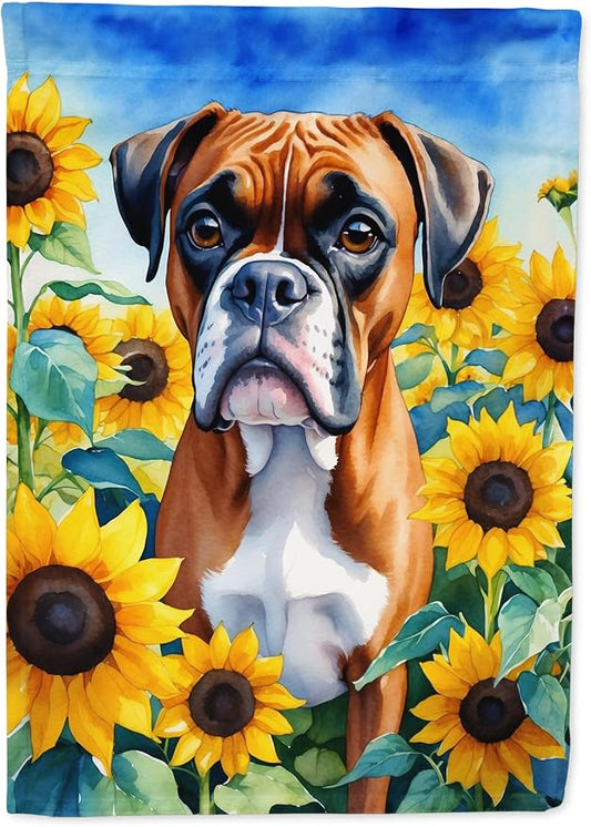 Caroline's Treasures DAC6037CHF Boxer in Sunflowers House Flag Large Porch Sleeve Pole Decorative Outside Yard Banner Artwork Wall Hanging, Polyester, House Size, Multicolor