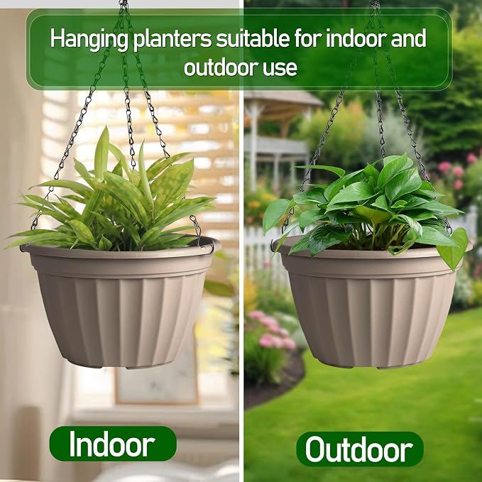 FGstyle Hanging Planters 9.8 Inch, 4 Pcs Self Watering Pots for Indoor Plants,Plastic Hanging Basket with Soil Elevator and 20" Chain for Home Garden Porch Balcony Patio Decor(Beige)
