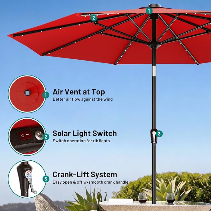 AreShark 9FT Patio Umbrella with Solar Lights, 32 Lighted Pool Umbrella w/Tilt and Crank, Outdoor Market Solar Umbrellas for Garden, Deck, Backyard, Pool and Beach, Red