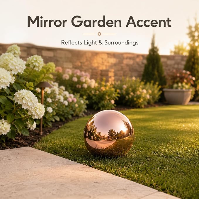 Gazing Ball Garden Mirror Outdoor 10Inch Outside Decorative Globe Rose Gold | Metal Polished Reflective Sphere, Stainless Steel Hollow Decoration Ornament for Home Pond Swimming Pool Housewarming Gift