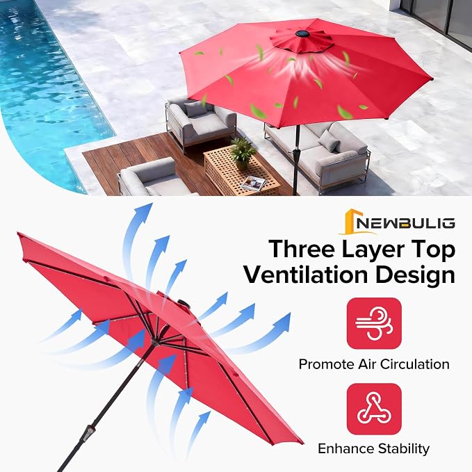 NEWBULIG 10ft Solar Patio Umbrella with 32 LED Lights, Table Market Umbrella with Tilt Adjustment & Crank Lift, Outdoor Sun Umbrella for Garden, Deck, Backyard, Pool and Beach