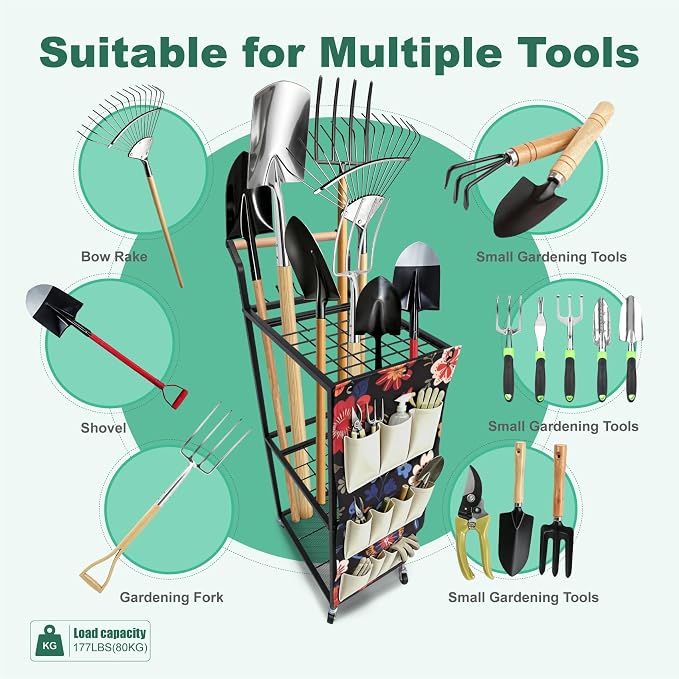 Garden Tool Organizer with Wheels 3 Tier Yard Tool Organizer Rack with Side Storage Pockets Sturdy Metal Steel Holder with 6 Hooks for Garage, Yard, Patio, Shed