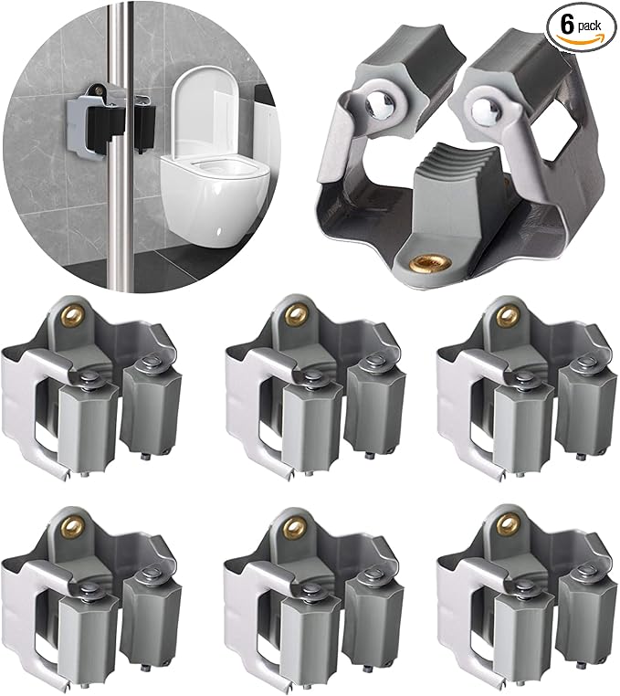 3-H Mop and Broom Holder Wall Mount 6 Pack, Broom Holder for Garage Garden Shed Storage System Laundry Room Home Kitchen Organization up to 1.45 Inch(Grey)