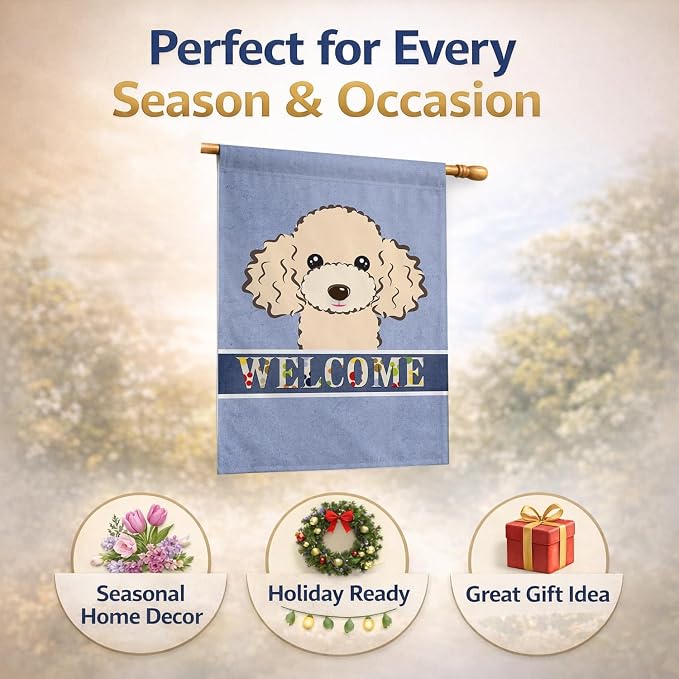 Caroline's Treasures BB1444CHF Buff Poodle Welcome House Flag, Blue Large Porch Sleeve Pole Decorative Outside Yard Banner Artwork Wall Hanging, Polyester, House Size, Multicolor
