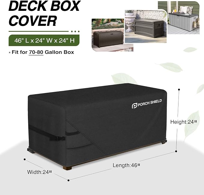 Porch Shield Patio Deck Box Storage Cover - 600D Outdoor Waterproof Cover for 70-80 Gallon Box Tear Resistant Rectangular Fire Pit Table Covers 46 x 24 x24 inch Black