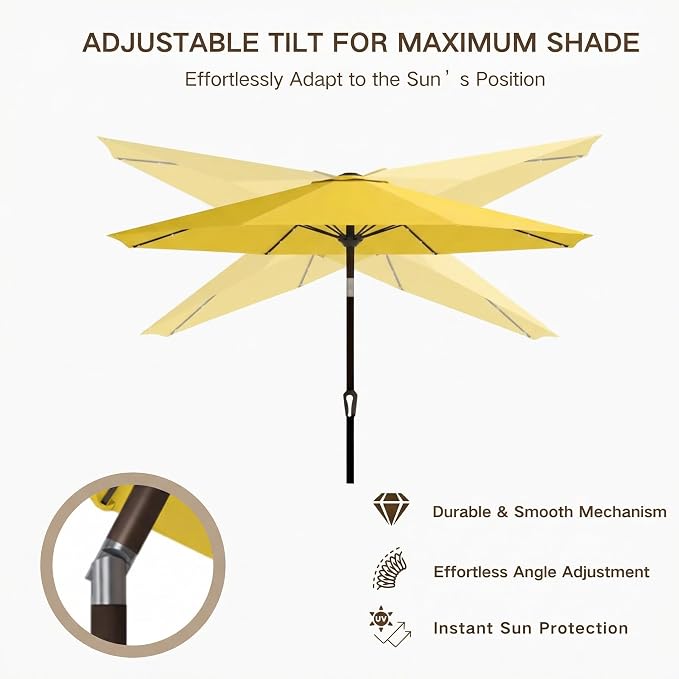 Kingdura 9FT Outdoor Patio Umbrella with Solar Lights, Market Table Umbrella with Push Button Tilt & Crank, 8 Sturdy Ribs, 32 LED Lights, UV Protection for Garden Lawn Deck Backyard Pool (Yellow)