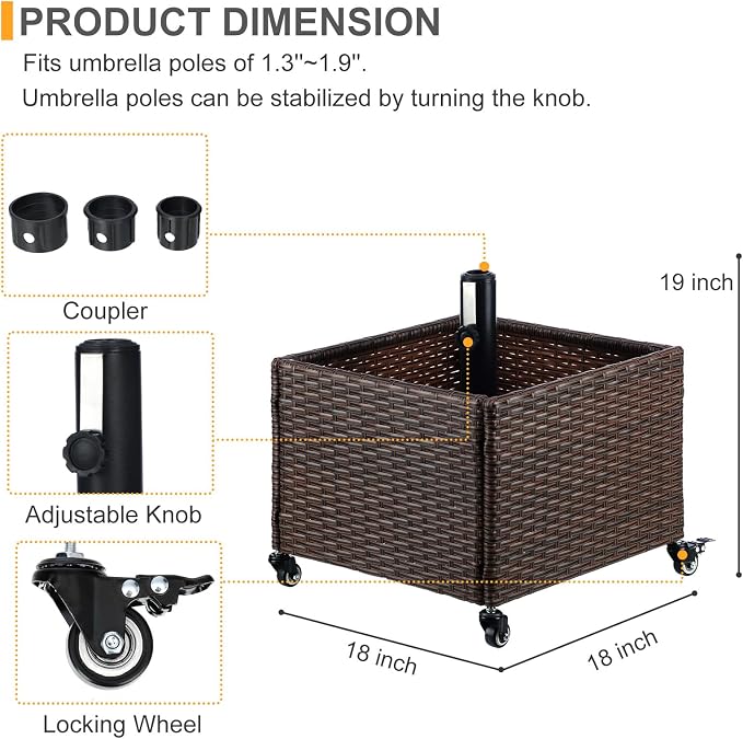 SUNNYPARK Umbrella Base with Wheels and Fillable Planter 2 in 1 | 120lbs Capacity, Heavy Duty, Hand Woven Rattan Style, Portable Decorative Umbrella Stand for Garden Backyard Deck Poolside