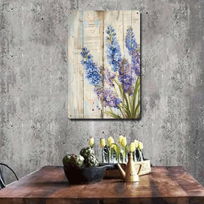 Metal Sign Tin Sign Vintage Wall Art Rustic Spring Hyacinths Tin Sign for Easy Installation Weather Resistant Design and Vintage Charm Boho Bedroom Decorations for Pub 12×16 Inches