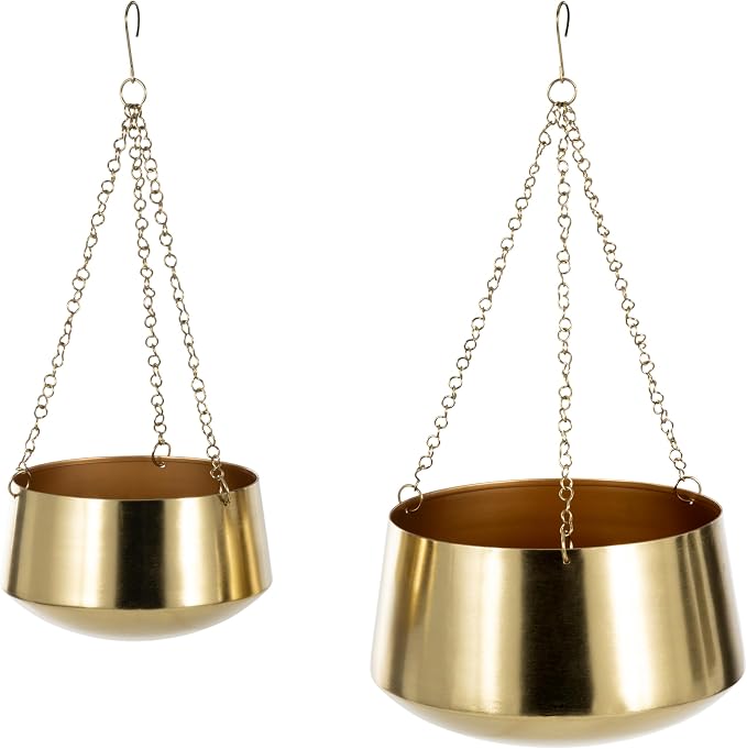 Deco 79 Metal Indoor Outdoor Wall Planter Indoor Outdoor Hanging Dome Hanging Planter with Chain, Set of 2 Plant Hanger 5", 7"H, Gold