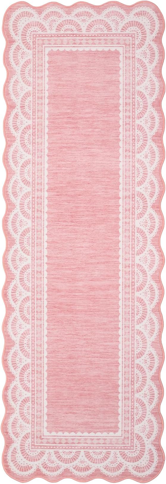 Garvee 2x6 Washable Scalloped Lace Runner Rug, Soft Rugs for Hallway Pink | Non Slip Entryway Rug, Scalloped Rug for College Playroom Kids Girls Room, Non-Shedding Low Pile Rugs Runner for Bedroom