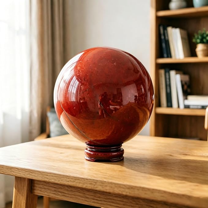 2.4-2.8 inch Natural Red Jasper Crystal Ball with Stand, Hand Polished Quartz Stone Orb, Reiki Healing Mineral Sphere, Energy Balancing Degaussing Stone, Home Office Desktop Ornament