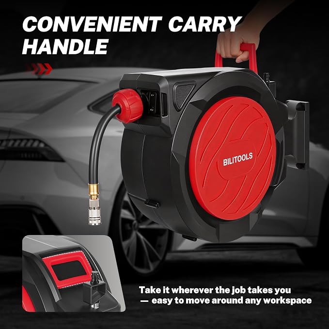 BILITOOLS Retractable Air Hose Reel, 3/8" x 100 ft Hybrid Air Hose Max 300PSI, Enclosed Air Compressor Hose Reel with Auto Rewind & 6.5 ft Lead-In Hose, 180° Swivel Wall/Ceiling Mount