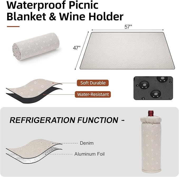G GOOD GAIN Picnic Basket for 2-19Pcs Wicker Picnic Set with Waterproof Blanket & Wine Bag| Large Picnic Hamper with Insulated Cooler & Cutlery Kit for Couples Camping,White Flower