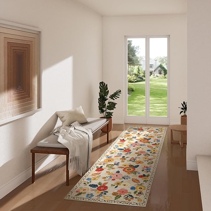 2x6 Hallway Washable Runner Rug: Vintage Kitchen Rug Runner with Non Slip Backing Low Pile Soft Faux Wool Non Shedding Distressed Carpet Runners for Entryway Living Room Bedroom Bathroom Farmhouse