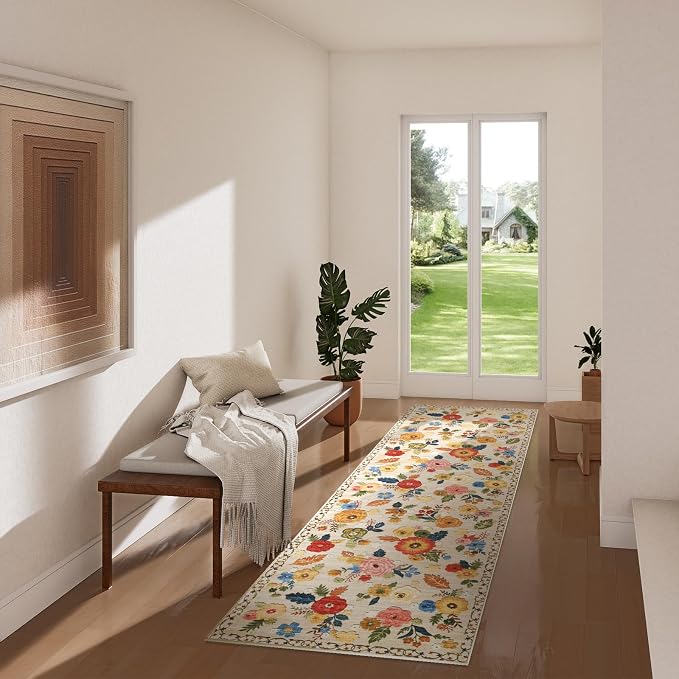 Machine Washable Rug Runners for Hallway: 2'6"x8' Kitchen Runner Rugs with Rubber Backing Non Slip Low Pile Soft Faux Wool Non Shedding Floral Carpet Runner Rug for Bedroom Entryway Living Room Indoor