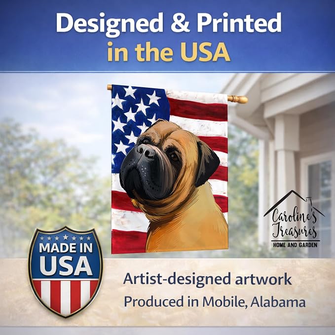 Caroline's Treasures CK6469CHF Bullmastiff Dog American Flag House Flag Large Porch Sleeve Pole Decorative Outside Yard Banner Artwork Wall Hanging, Polyester, House Size, Multicolor