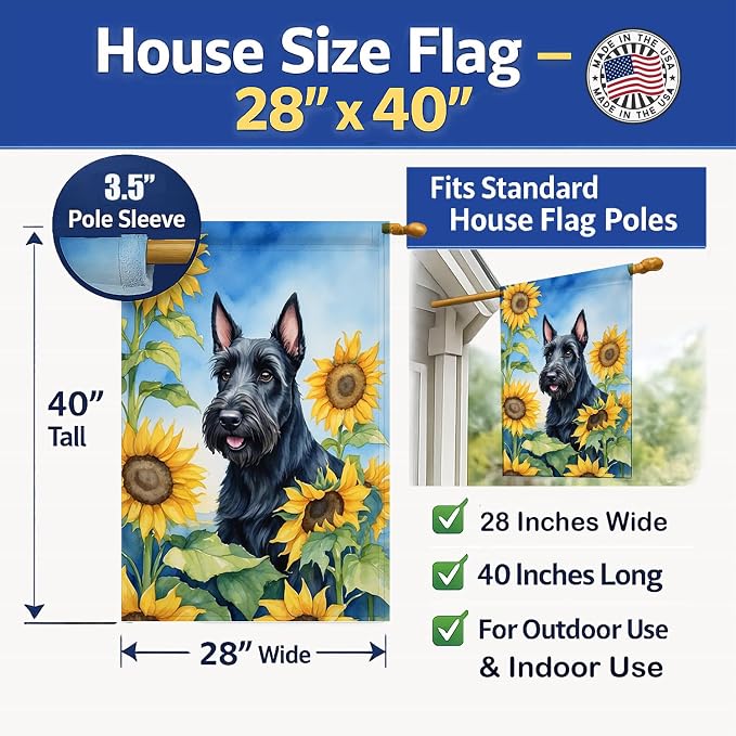 Caroline's Treasures DAC6158CHF Scottish Terrier in Sunflowers House Flag Large Porch Sleeve Pole Decorative Outside Yard Banner Artwork Wall Hanging, Polyester, House Size, Multicolor