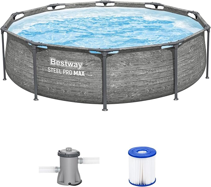 Bestway Steel Pro MAX 10' x 30" Above Ground Swimming Pool Set with Pump | Durable Round Metal Frame Outdoor Backyard Pool, Puncture-Resistant Liner - Filter Pump Included, Stacked Stone Print