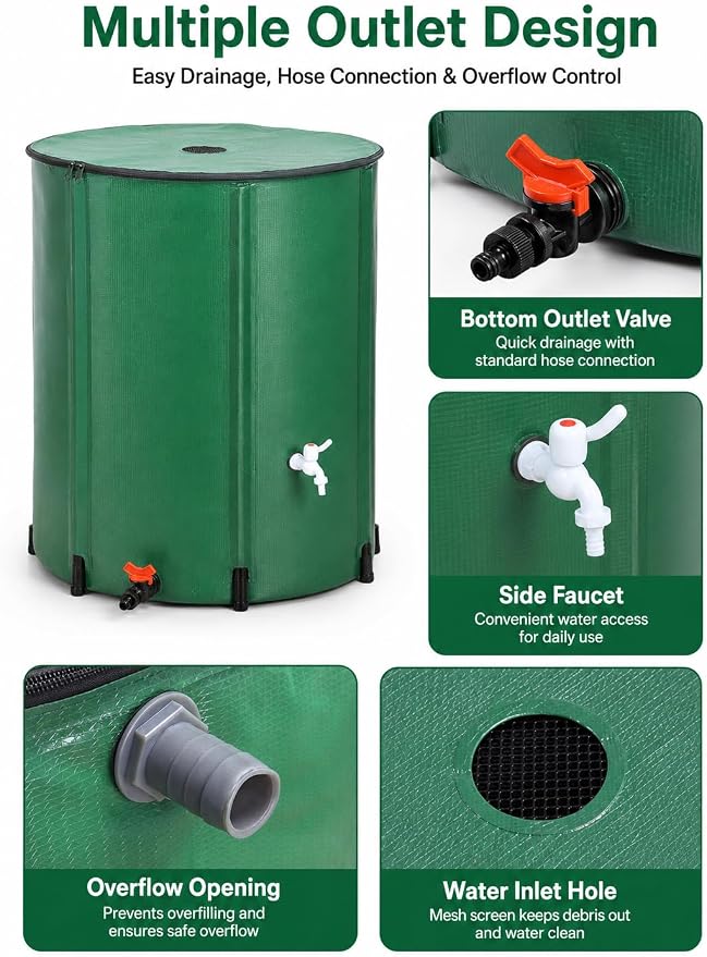 132 Gallon Collapsible Rain Barrel, Portable Rainwater Collection System, Water Storage Tank, Rain Catcher Barrel with Two Spigots and Overflow Kit, Rain Water Barrel Collector for Garden, Green