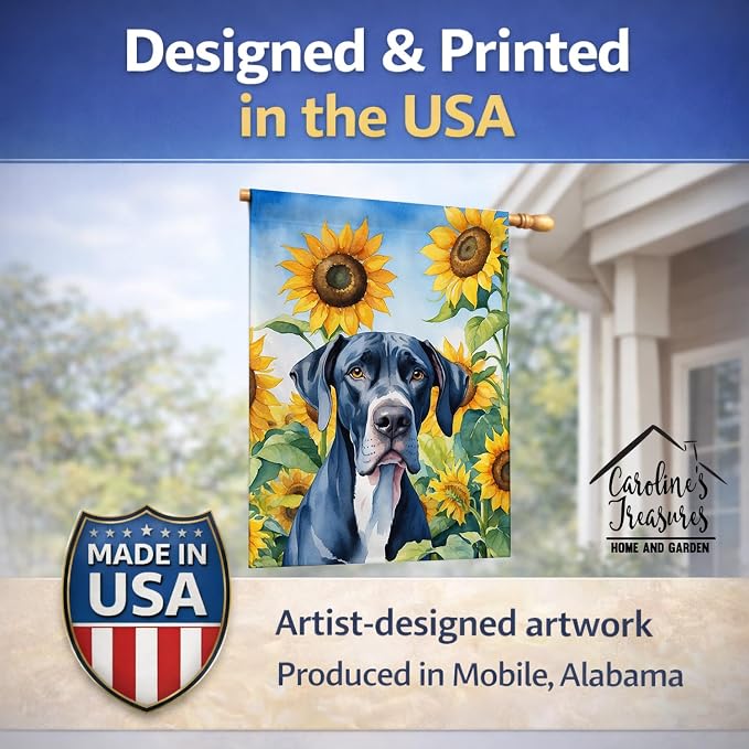 Caroline's Treasures DAC6091CHF Great Dane in Sunflowers House Flag Large Porch Sleeve Pole Decorative Outside Yard Banner Artwork Wall Hanging, Polyester, House Size, Multicolor