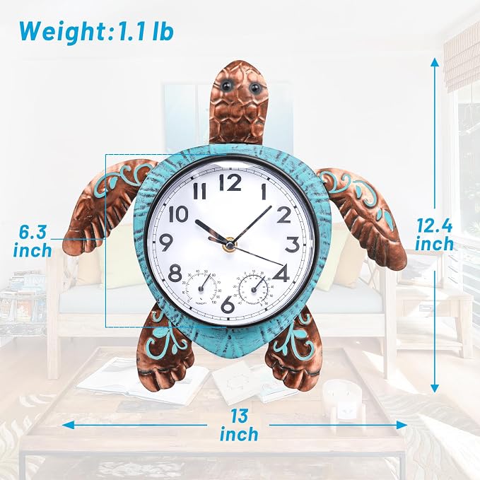MUMTOP Turtle Outdoor Clock Waterproof, 12.6 Inch Outside Wall Clock with Thermometer Combo for Patio Pool Garden Home Decor