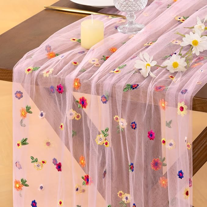 Socomi Flower Table Runner Summer Daisy Floral Tulle Gauze Cheesecloth Embroidery Table Runners for Tea Party Garden Wedding Bridal Baby Shower Birthday Picnic Decor Pink 3pcs