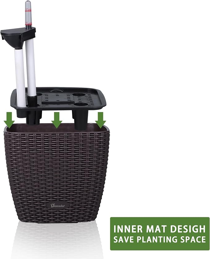 Dexceder 9x8 Self Watering Planter (Brown Rattan) | Inner Mat Design, Thickened Table Flower Plant Pot with Water Level Indicator Indoor Outdoor
