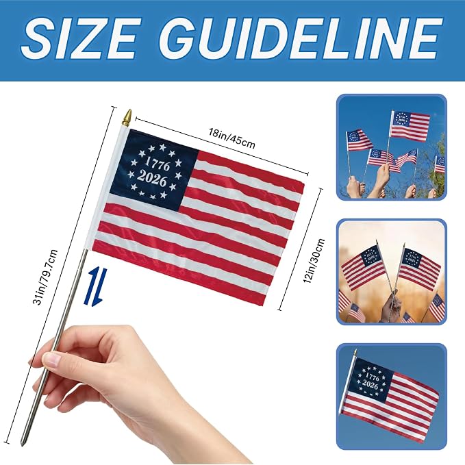 6 Pcs 250th Anniversary American Flags on Stick 12x18 Inch, 1776-2026 US Handheld Flag with Telescopic Stainless Steel Pole, Small USA Stick Flag Perfect for 4th of July Patriotic Decorations