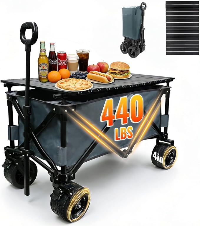 Collapsible Foldable Wagon Cart with Big Wheels and Tabletop, Large Capacity 440Lbs Folding Utility Wagon Carts for Sand, Beach, Camping, Shopping, Sport (Gray)