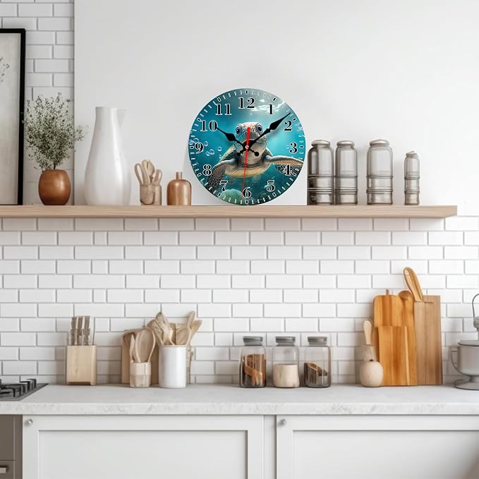 Wall Clocks Battery Operated, Cute Sea Turtle Silent Non Ticking Decorative Indoor Outdoor Wall Clocks for Living Room Kitchen Bedroom Bathroom 12"