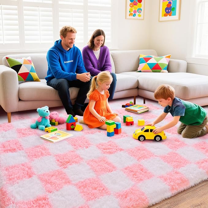 Checkered Rugs for Bedroom, Ultra Fluffy Fuzzy Shag Area Rug for Living Room 5x7, Modern Plush Soft Upgrade Non-Slip Carpet for Kids and Girls Room Dorm Nursery Home Decor, Pink and White