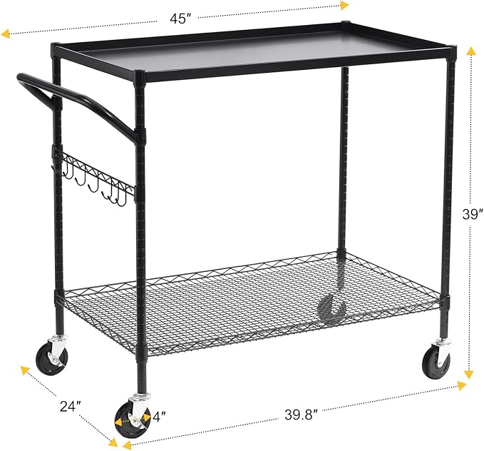 WDT 2-Tier Utility Cart with Wheels, Metal Cart with 1000LBS Capacity, NSF Heavy Duty Rolling Cart, Commercial Grade Serving Tool Storage Carts for Warehouse Garage Kitchen, 24"D x 40"W x 39"H, Black