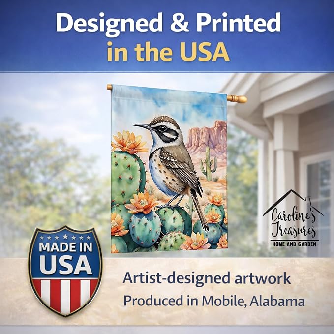 Caroline's Treasures Arizona Cactus Wren House Flag Large Porch Sleeve Pole Decorative Outside Yard Banner Artwork Wall Hanging, Polyester, House Size, Multicolor