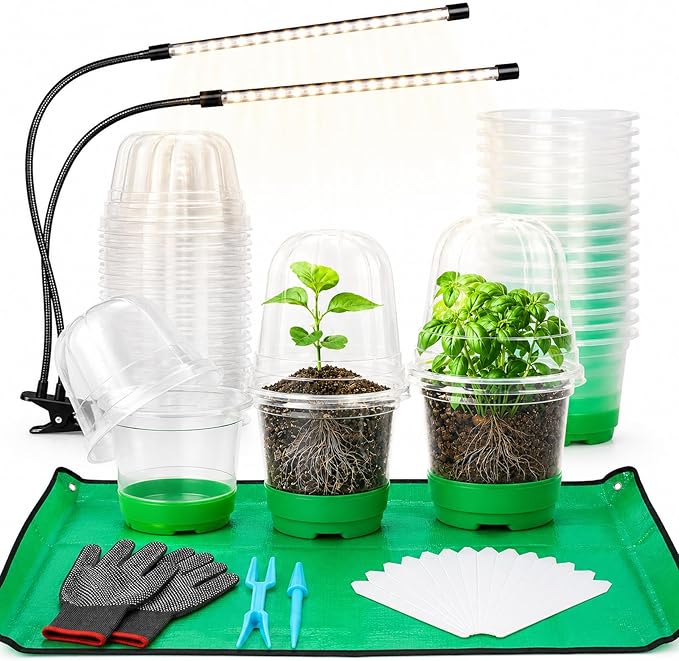 59Pcs Clear Nursery Pots Kits with Grow Light Includes 22 Pack 4'' Seed Starter Pots with Silicone Base & Lids, Clear Plant Pots for Propagation, Seedling Pots Kit with Drainage, Labels, Repotting Mat
