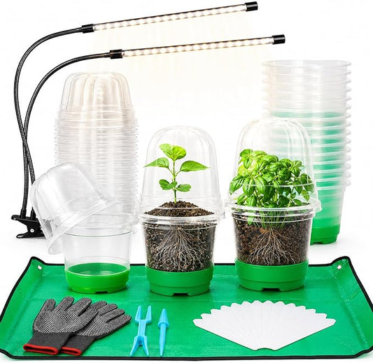59Pcs Clear Nursery Pots Kits with Grow Light Includes 22 Pack 4'' Seed Starter Pots with Silicone Base & Lids, Clear Plant Pots for Propagation, Seedling Pots Kit with Drainage, Labels, Repotting Mat