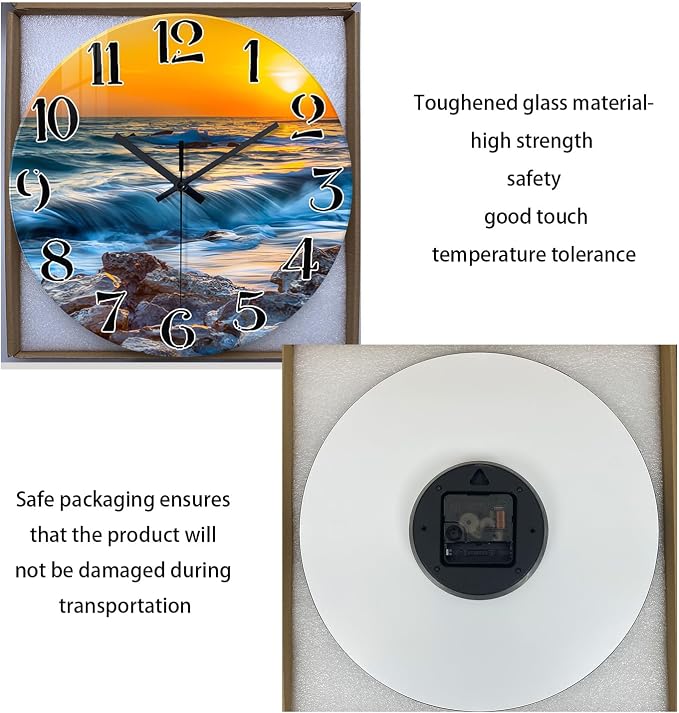Blue Beach Wall Clocks Battery Operated 14 Inch | Analog Coastal Wall Clock for Bedroom Living Room Kitchen Glass Wall Clock Silent Non Ticking