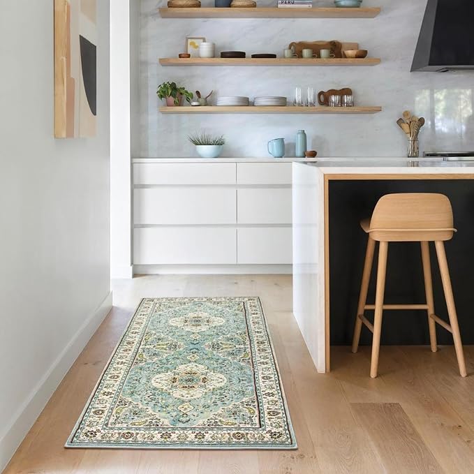 Lahome Felice Floral Medallion Runner Rug - 2x6 Hallway Bedside Turkish Throw Rug Runner Mat Soft Faux Wool Non-Slip Machine Washable Floor Carpet for Kitchen Laundry Bathroom, Sky/Baby Blue