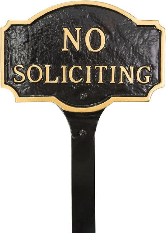 Montague Metal Products Montague No Soliciting Statement Plaque, Cast Metal No Soliciting Statement Sign - WALL Display Plaque - Warning Signs - Business - Easy to Install - UV Resistant (Black/Gold, 4.5" x 7.15" with 17.5" Lawn Stake)