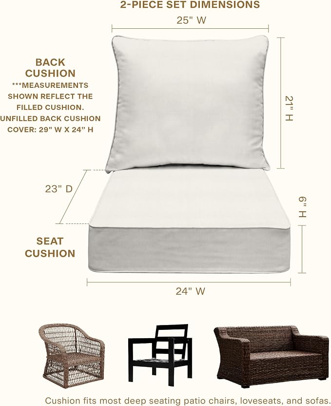 Honeycomb Outdoor Heritage Deep Seat, 24 x 23, Textured Solid Bone Chair Cushion with Removable Cover, for Patio Furniture