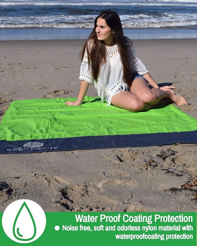 ECCOSOPHY Sand Proof Beach Blanket - Waterproof Picnic Blanket 60x55 Outdoor Compact Pocket Blanket Lightweight Ground Cover for Hiking Camping Festivals Sports Travel with Bag & Stakes (Green)