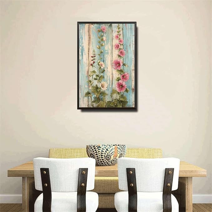 Metal Sign Tin Sign Vintage Wall Art Shabby Chic Hollyhocks Tin Sign for Rustic Grandeur Antique Artistry and Distressed Wood Surfaces Signs for Garden for Club 12×16 Inches with Metal Frame