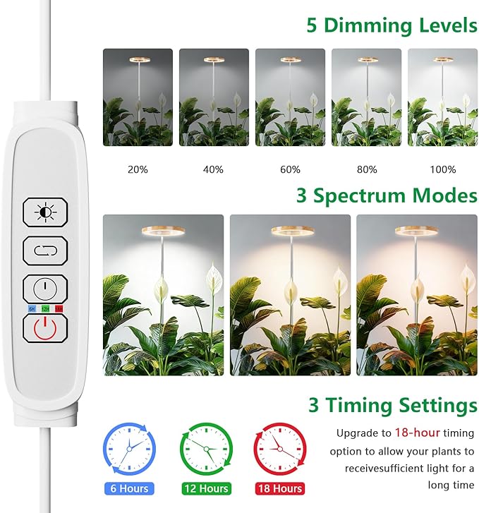SDOVUERC Full‑Spectrum Grow Lights for Indoor Plants – Adjustable Height Plant Lamp with Wood‑Grain Finish, 6/12/18H Timer, 3 Color Modes, Perfect Plant Lights for Houseplants Growing.(Pack 1)