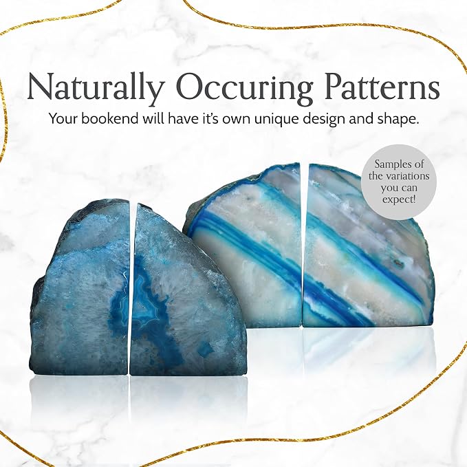 Nature's Decorations Teal Agate Bookends – A+ Grade Geode Heavy Duty Decorative Stone Crystal Book Ends for Shelves & Bookcases, Natural Polished Bookshelf Decor, 1 Pair 2-3Lbs