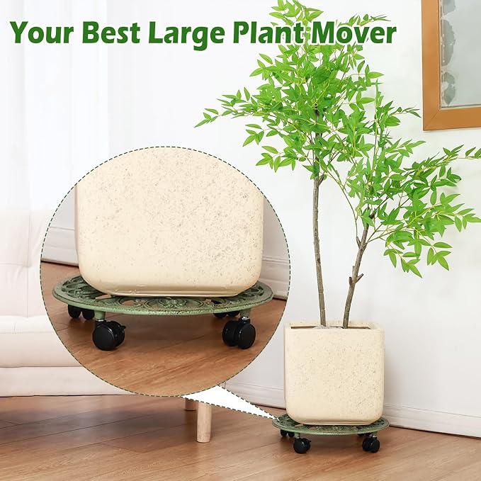 2 Packs 14 Inch Rolling Plant Stand with Wheels Metal Plant Caddy with Wheels Heavy Duty Round Plant Stand Indoor Iron Plants Rollers for Plants, Plant Dolly Retro Green