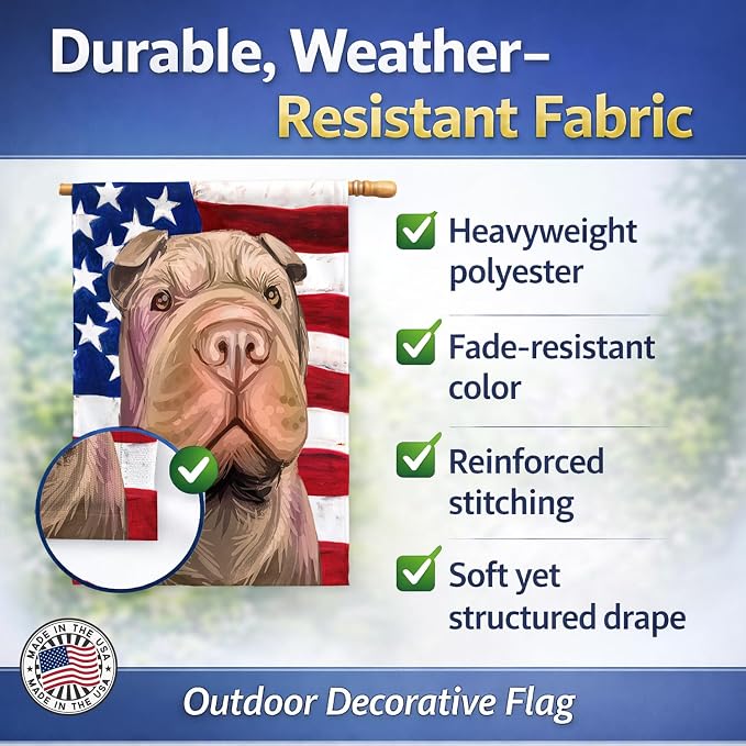Caroline's Treasures CK6702CHF Shar Pei Dog American Flag House Flag Large Porch Sleeve Pole Decorative Outside Yard Banner Artwork Wall Hanging, Polyester, House Size, Multicolor