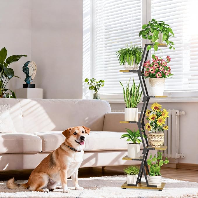 iDavosic.ly 5 Tier Indoor Plant Stand with Grow Light, Corner Tall Metal & Wood Flower Shelf, Orchid Display Rack for Living Room Balcony, Space Saving & Multifunctional Display, Black & Brown