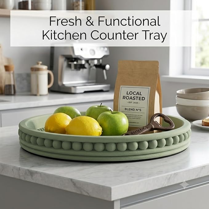 11" Round Concrete Decorative Centerpiece Tray for Coffee Table Sage Green | Modern minimalist centerpiece tray for coffee table, living room, dining & office storage display, sturdy tabletop home decor