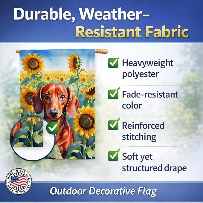 Caroline's Treasures DAC6065CHF Dachshund in Sunflowers House Flag Large Porch Sleeve Pole Decorative Outside Yard Banner Artwork Wall Hanging, Polyester, House Size, Multicolor