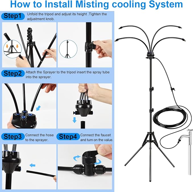 Standing Misters for Outside Patio - 5.3FT Stand Misting System for Cooling Outdoor Areas, Easy to Install & Maintain, 4 Adjustable Nozzles for Custom Coverage, Durable for Backyard Use